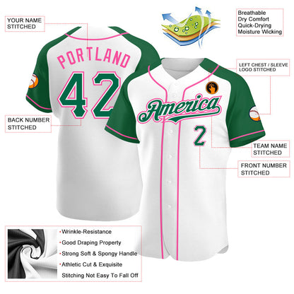 Custom White Kelly Green-Pink Authentic Raglan Sleeves Baseball Jersey - Sky-Custom