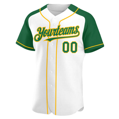 Custom White Kelly Green-Gold Authentic Raglan Sleeves Baseball Jersey - Sky-Custom