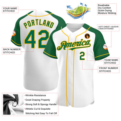 Custom White Kelly Green-Gold Authentic Raglan Sleeves Baseball Jersey - Sky-Custom