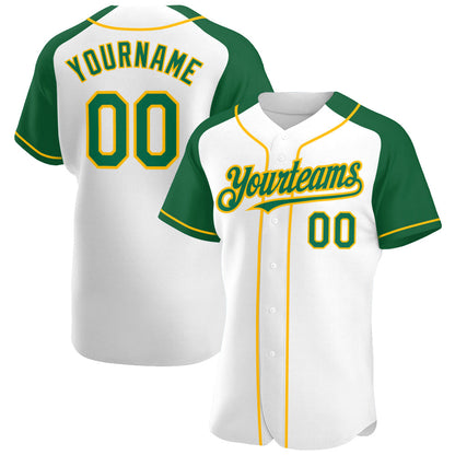 Custom White Kelly Green-Gold Authentic Raglan Sleeves Baseball Jersey - Sky-Custom