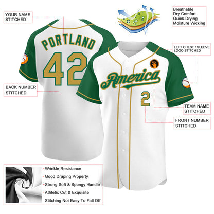 Custom White Old Gold-Kelly Green Authentic Raglan Sleeves Baseball Jersey - Sky-Custom