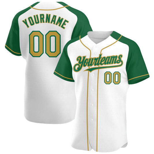 Custom White Old Gold-Kelly Green Authentic Raglan Sleeves Baseball Jersey - Sky-Custom