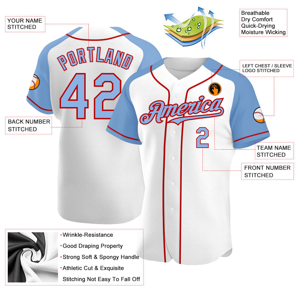 Custom White Light Blue-Red Authentic Raglan Sleeves Baseball Jersey - Sky-Custom