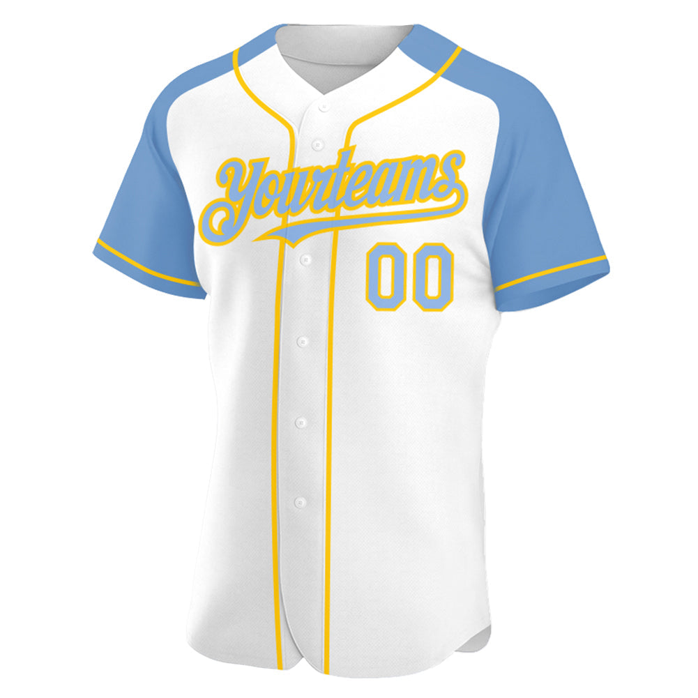Custom White Light Blue-Yellow Authentic Raglan Sleeves Baseball Jersey - Sky-Custom