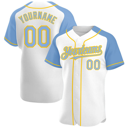 Custom White Light Blue-Yellow Authentic Raglan Sleeves Baseball Jersey - Sky-Custom