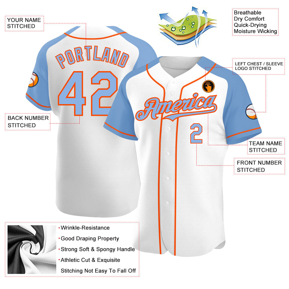 Custom White Light Blue-Orange Authentic Raglan Sleeves Baseball Jersey - Sky-Custom