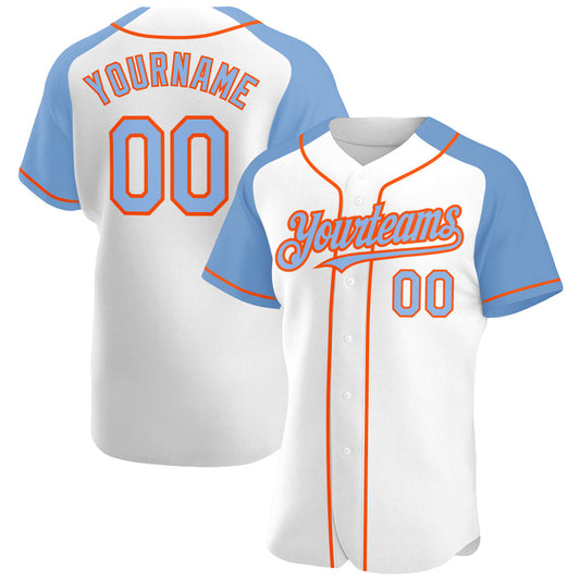 Custom White Light Blue-Orange Authentic Raglan Sleeves Baseball Jersey - Sky-Custom