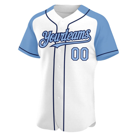 Custom White Light Blue-Navy Authentic Raglan Sleeves Baseball Jersey - Sky-Custom