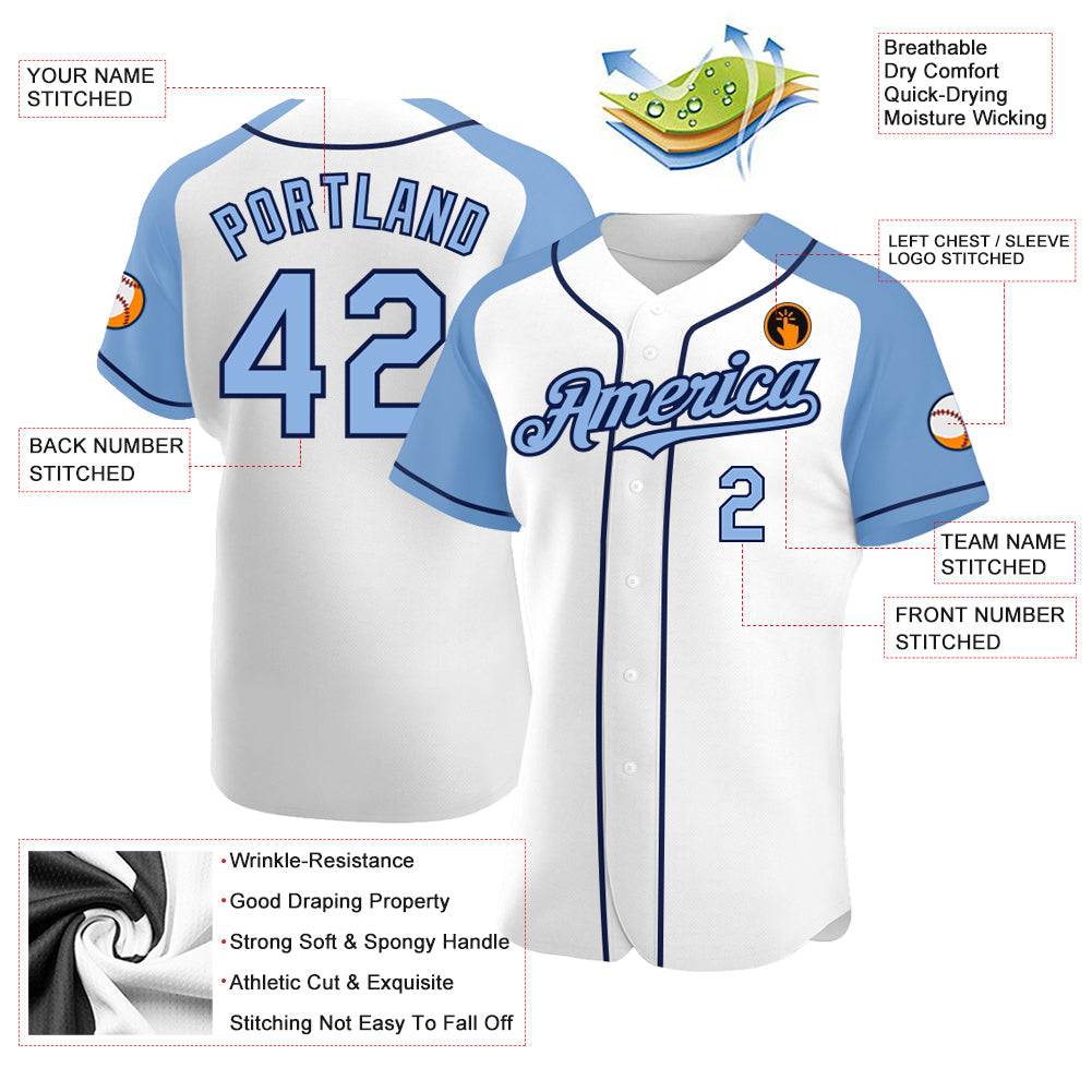 Custom White Light Blue-Navy Authentic Raglan Sleeves Baseball Jersey - Sky-Custom