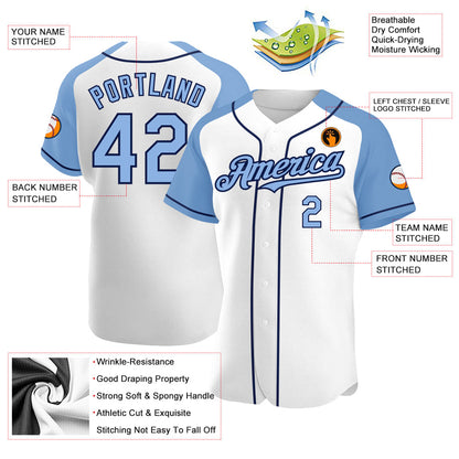 Custom White Light Blue-Navy Authentic Raglan Sleeves Baseball Jersey - Sky-Custom