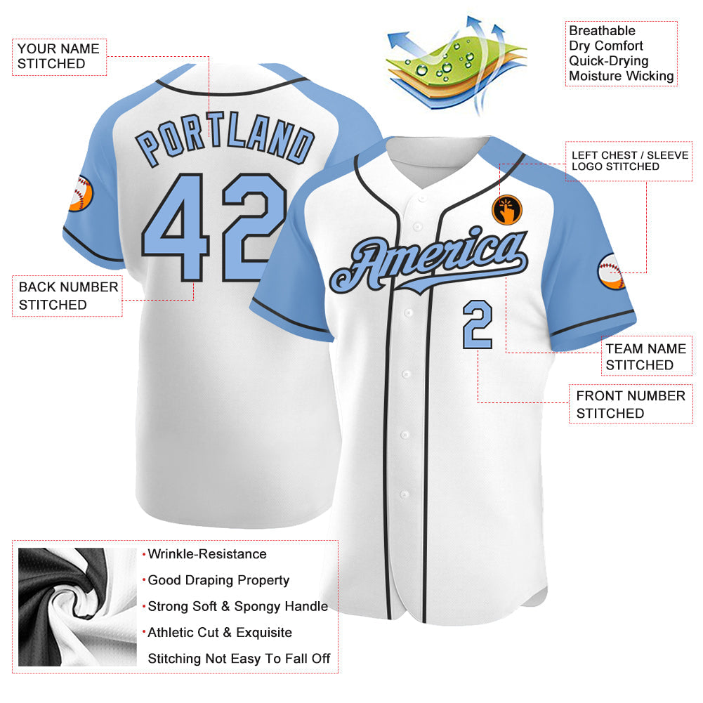 Custom White Light Blue-Black Authentic Raglan Sleeves Baseball Jersey - Sky-Custom