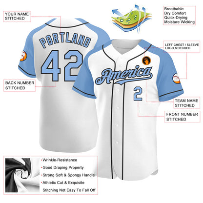 Custom White Light Blue-Black Authentic Raglan Sleeves Baseball Jersey - Sky-Custom