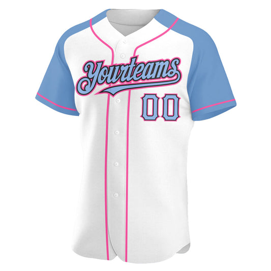 Custom White Light Blue Black-Pink Authentic Raglan Sleeves Baseball Jersey - Sky-Custom