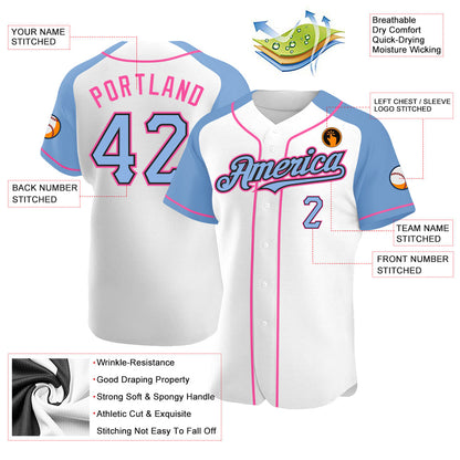 Custom White Light Blue Black-Pink Authentic Raglan Sleeves Baseball Jersey - Sky-Custom
