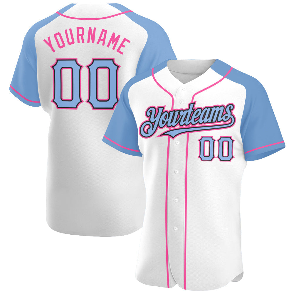 Custom White Light Blue Black-Pink Authentic Raglan Sleeves Baseball Jersey - Sky-Custom
