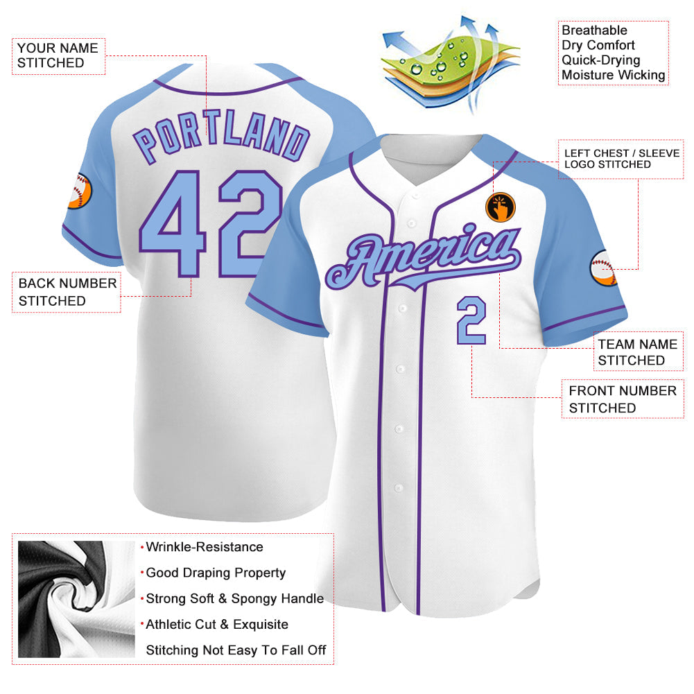 Custom White Light Blue-Purple Authentic Raglan Sleeves Baseball Jersey - Sky-Custom
