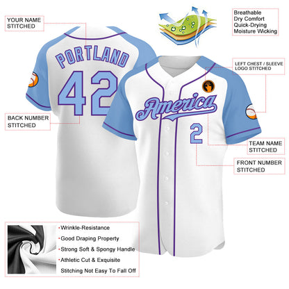 Custom White Light Blue-Purple Authentic Raglan Sleeves Baseball Jersey - Sky-Custom