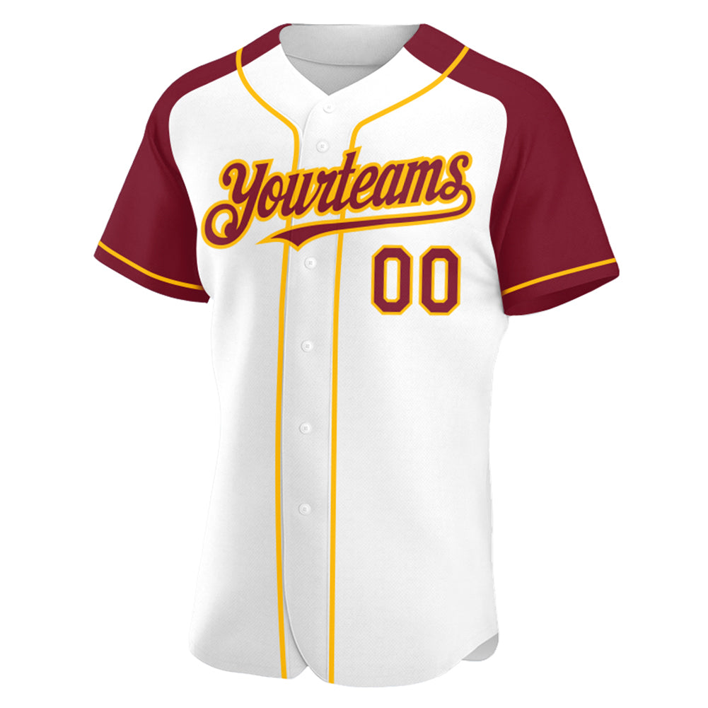 Custom White Crimson-Gold Authentic Raglan Sleeves Baseball Jersey - Sky-Custom