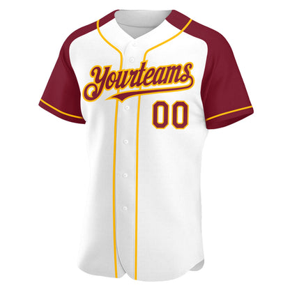Custom White Crimson-Gold Authentic Raglan Sleeves Baseball Jersey - Sky-Custom