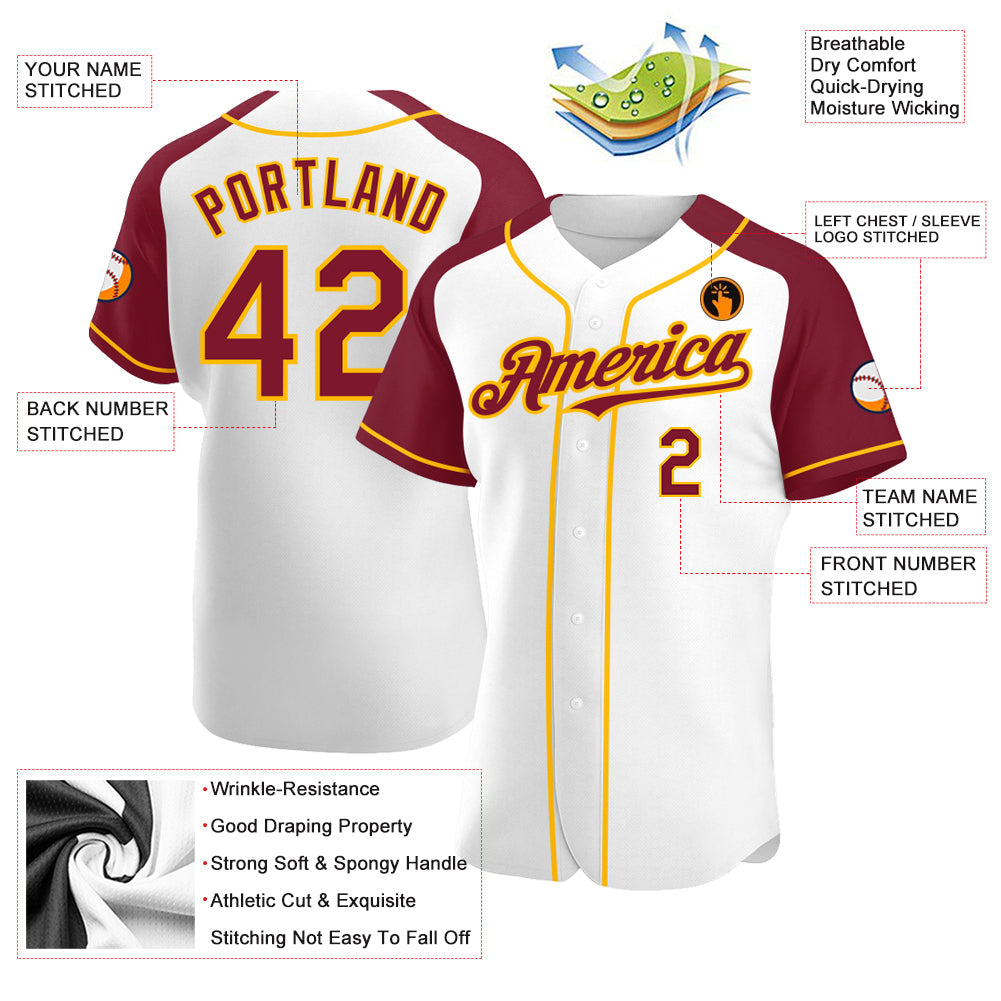 Custom White Crimson-Gold Authentic Raglan Sleeves Baseball Jersey - Sky-Custom