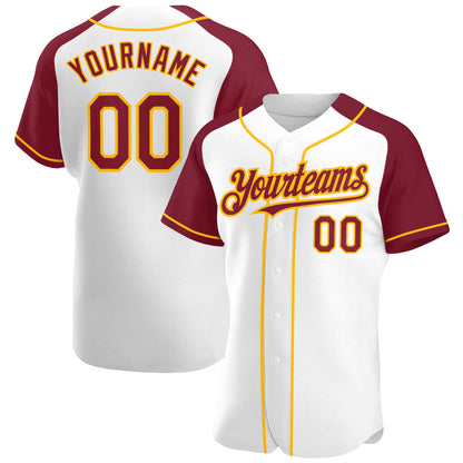 Custom White Crimson-Gold Authentic Raglan Sleeves Baseball Jersey - Sky-Custom