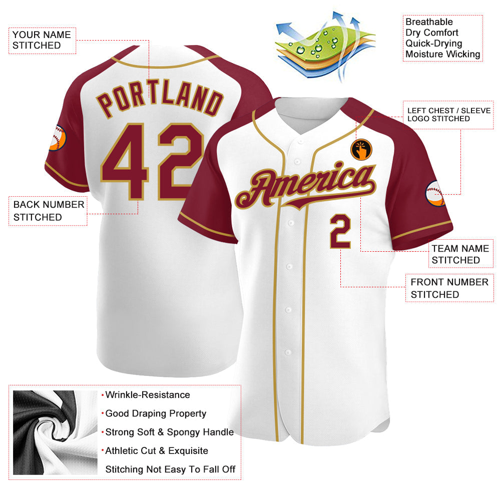 Custom White Crimson-Old Gold Authentic Raglan Sleeves Baseball Jersey - Sky-Custom