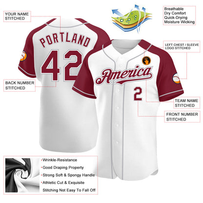 Custom White Crimson-Gray Authentic Raglan Sleeves Baseball Jersey - Sky-Custom