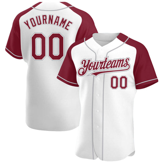 Custom White Crimson-Gray Authentic Raglan Sleeves Baseball Jersey - Sky-Custom