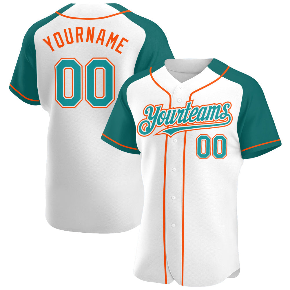 Custom White Teal-Orange Authentic Raglan Sleeves Baseball Jersey - Sky-Custom