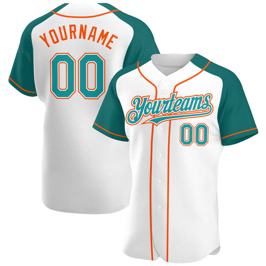 Custom White Teal-Orange Authentic Raglan Sleeves Baseball Jersey - Sky-Custom