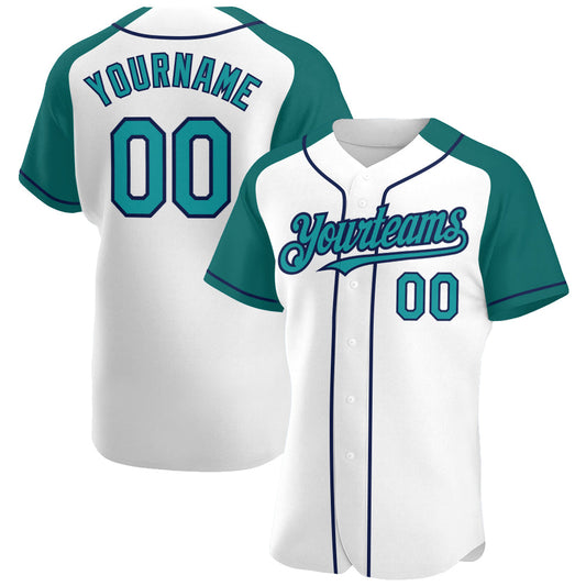 Custom White Teal-Navy Authentic Raglan Sleeves Baseball Jersey - Sky-Custom