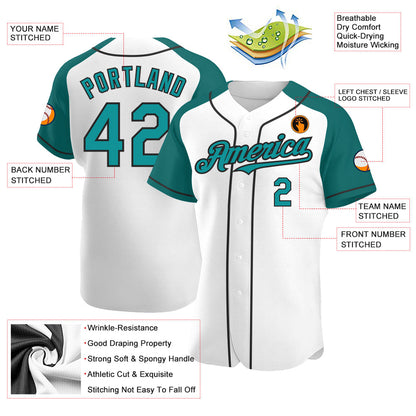 Custom White Teal-Black Authentic Raglan Sleeves Baseball Jersey - Sky-Custom