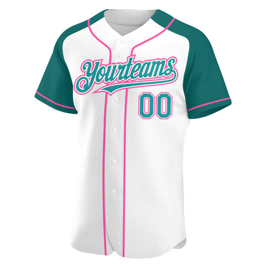 Custom White Teal-Pink Authentic Raglan Sleeves Baseball Jersey - Sky-Custom