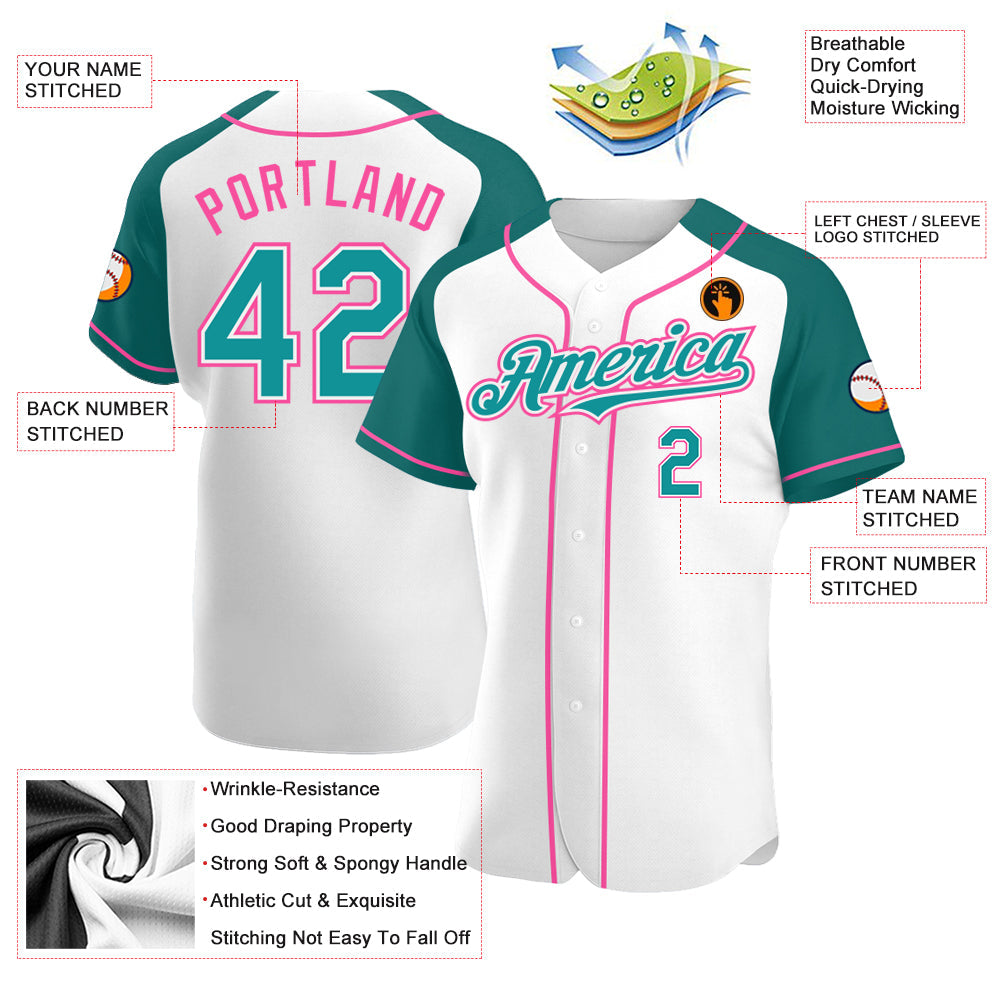 Custom White Teal-Pink Authentic Raglan Sleeves Baseball Jersey - Sky-Custom