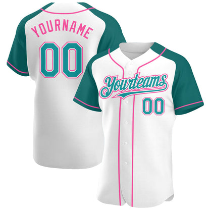 Custom White Teal-Pink Authentic Raglan Sleeves Baseball Jersey - Sky-Custom