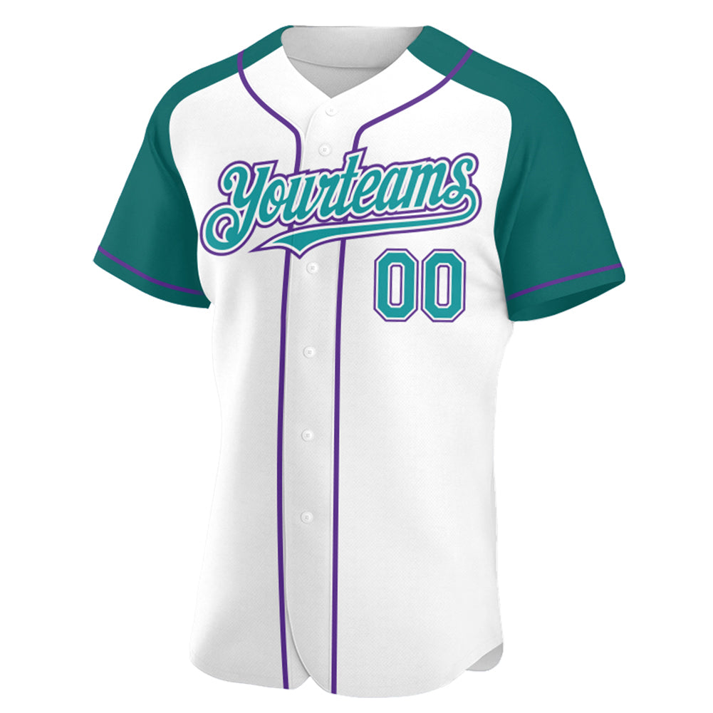 Custom White Teal-Purple Authentic Raglan Sleeves Baseball Jersey - Sky-Custom