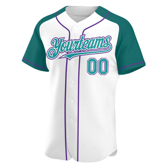Custom White Teal-Purple Authentic Raglan Sleeves Baseball Jersey - Sky-Custom