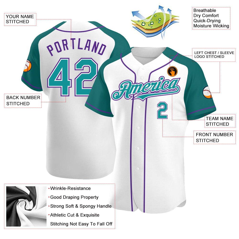 Custom White Teal-Purple Authentic Raglan Sleeves Baseball Jersey - Sky-Custom