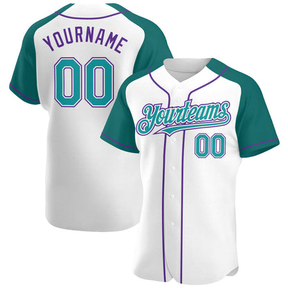Custom White Teal-Purple Authentic Raglan Sleeves Baseball Jersey - Sky-Custom