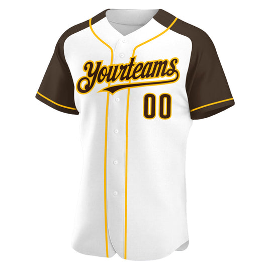 Custom White Brown-Gold Authentic Raglan Sleeves Baseball Jersey - Sky-Custom