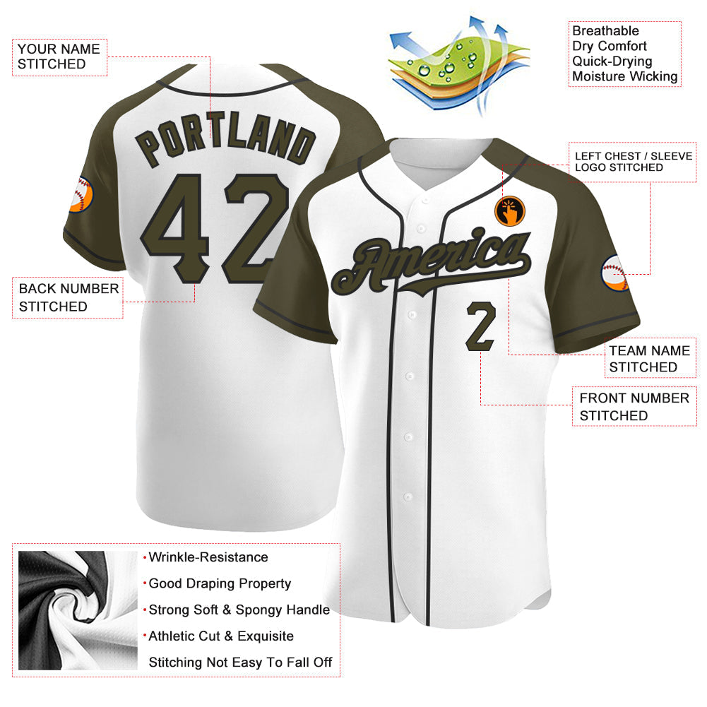 Custom White Olive-Black Authentic Raglan Sleeves Baseball Jersey - Sky-Custom