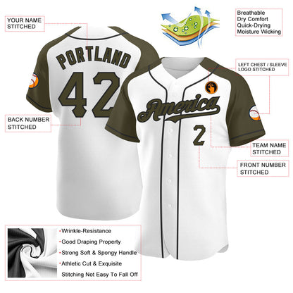 Custom White Olive-Black Authentic Raglan Sleeves Baseball Jersey - Sky-Custom