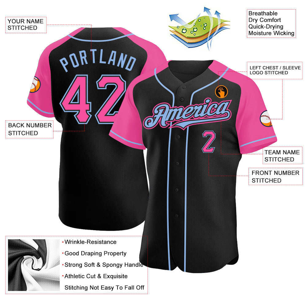Custom Black Pink-Light Blue Authentic Raglan Sleeves Baseball Jersey - Sky-Custom