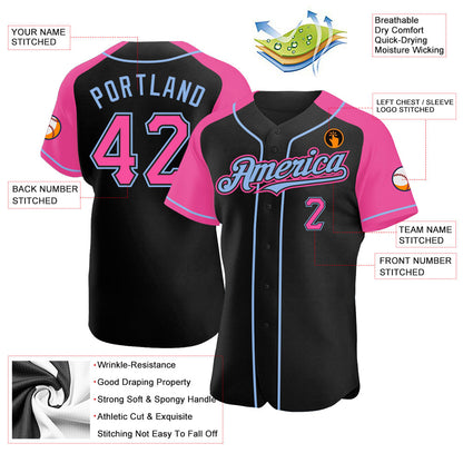 Custom Black Pink-Light Blue Authentic Raglan Sleeves Baseball Jersey - Sky-Custom