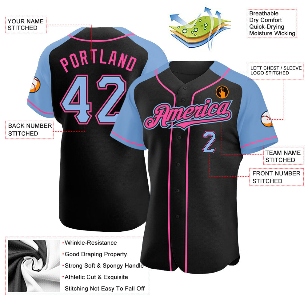 Custom Black Light Blue-Pink Authentic Raglan Sleeves Baseball Jersey - Sky-Custom