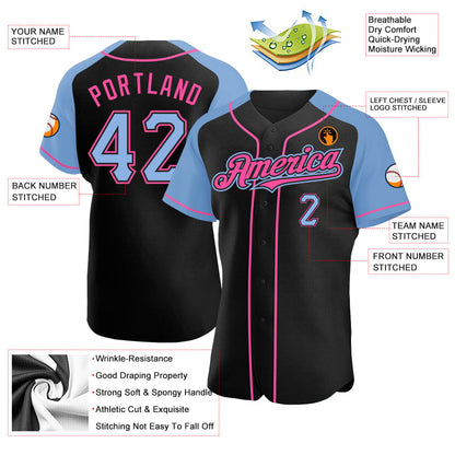 Custom Black Light Blue-Pink Authentic Raglan Sleeves Baseball Jersey - Sky-Custom