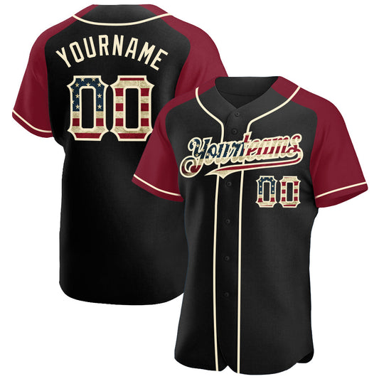 Custom Black Vintage USA Flag Crimson-Cream Authentic Raglan Sleeves Baseball Jersey - Sky-Custom