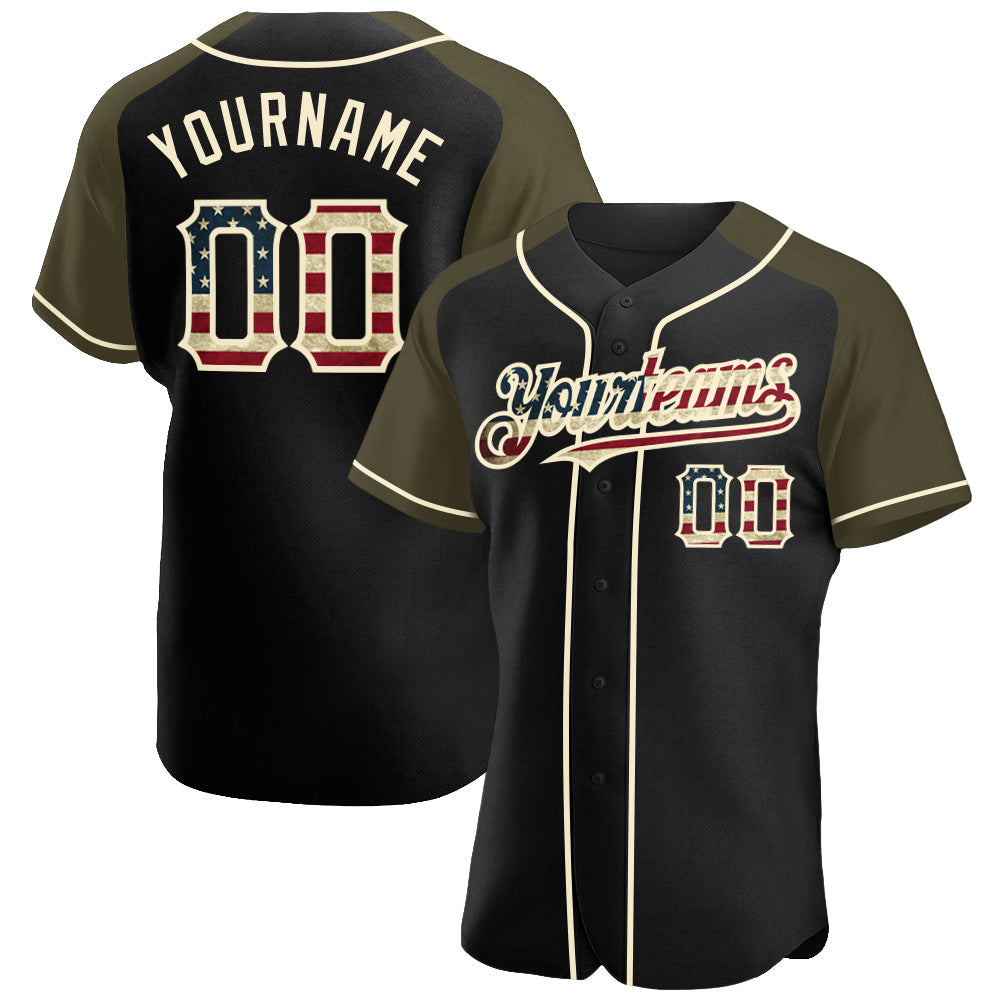 Custom Black Vintage USA Flag Olive-Cream Authentic Raglan Sleeves Baseball Jersey - Sky-Custom