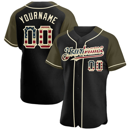 Custom Black Vintage USA Flag Olive-Cream Authentic Raglan Sleeves Baseball Jersey - Sky-Custom