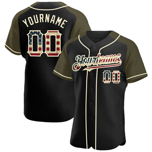Custom Black Vintage USA Flag Olive-Cream Authentic Raglan Sleeves Baseball Jersey - Sky-Custom
